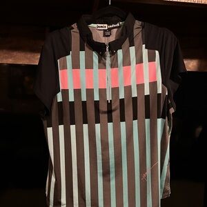 jamie sadock Black Tee with Teal and Coral Stripe Detail